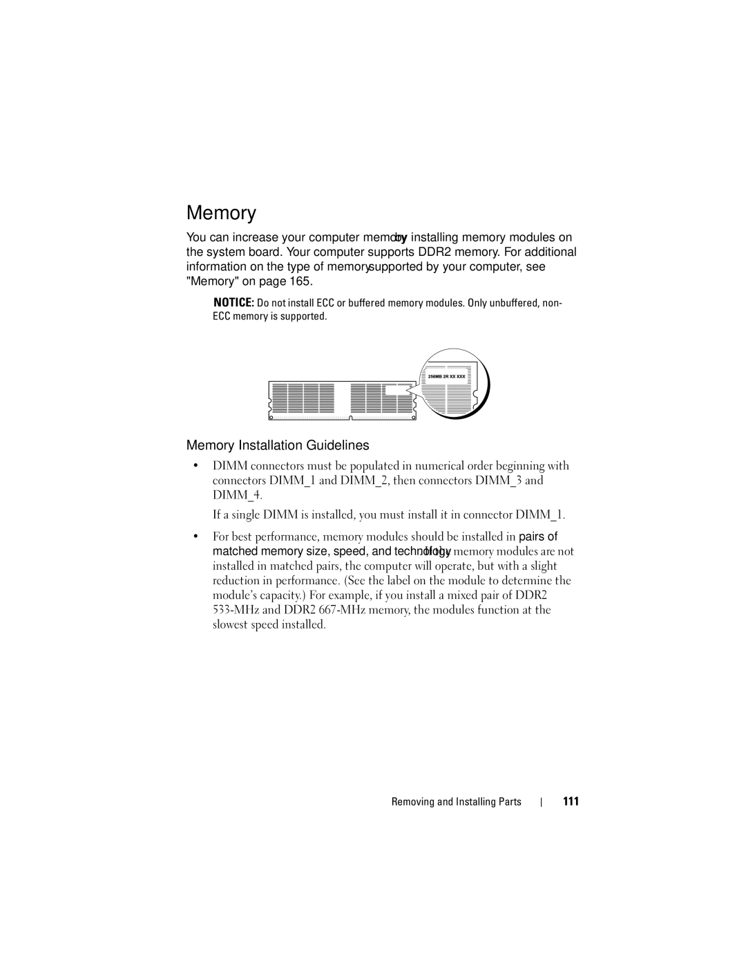 Dell DCSLF manual Memory Installation Guidelines, 111 