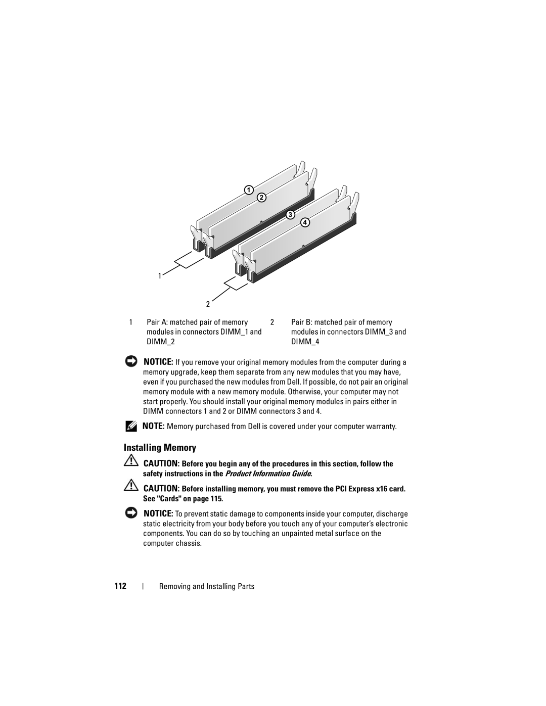 Dell DCSLF manual Installing Memory, 112 