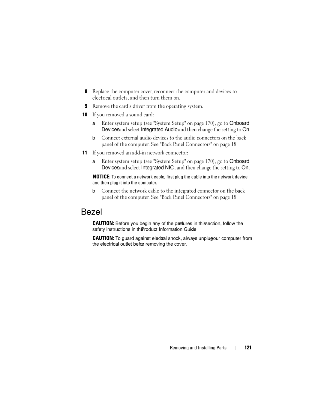 Dell DCSLF manual Bezel, If you removed an add-in network connector, 121 