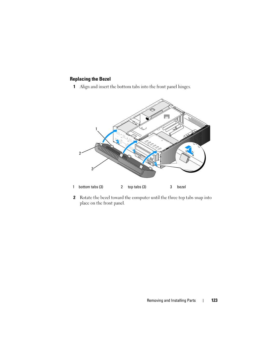 Dell DCSLF manual Replacing the Bezel, 123 