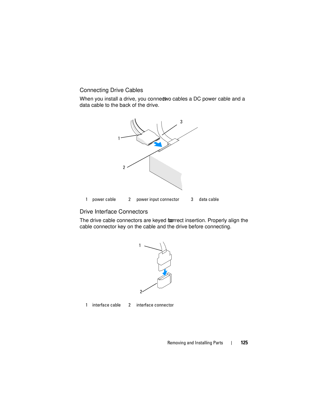 Dell DCSLF manual Connecting Drive Cables, Drive Interface Connectors, 125 