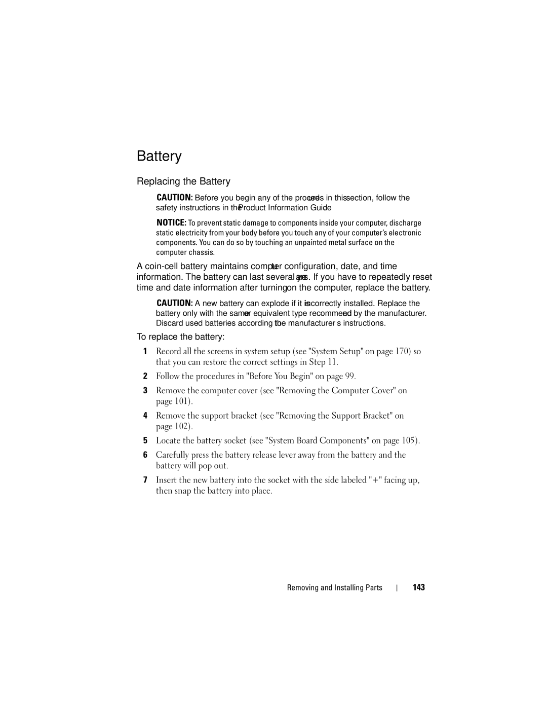 Dell DCSLF manual Replacing the Battery, 143 