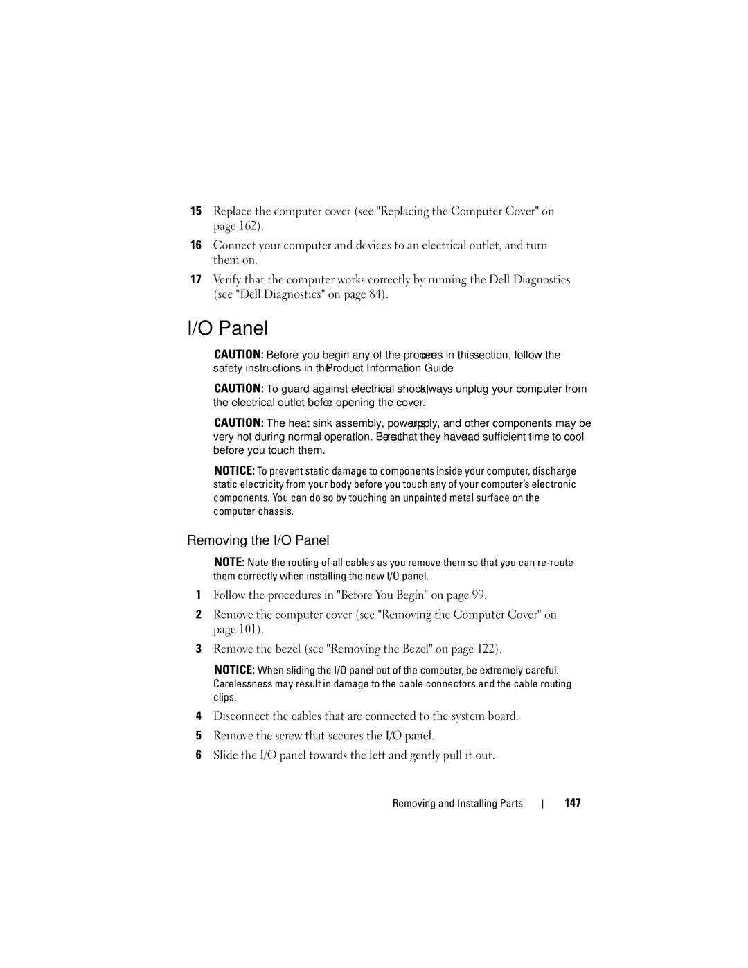 Dell DCSLF manual Removing the I/O Panel, 147 