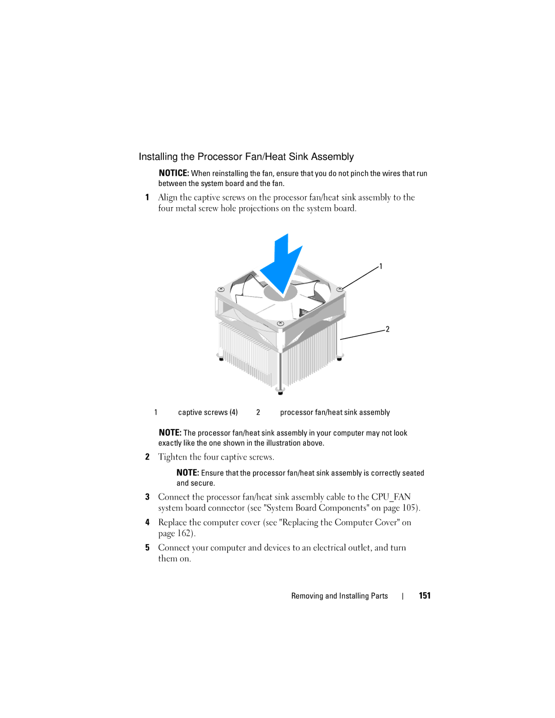 Dell DCSLF manual Installing the Processor Fan/Heat Sink Assembly, Tighten the four captive screws, 151 