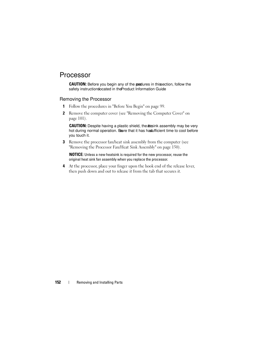 Dell DCSLF manual Removing the Processor, 152 