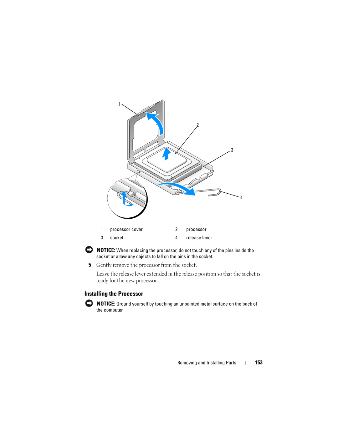 Dell DCSLF manual Installing the Processor, 153 