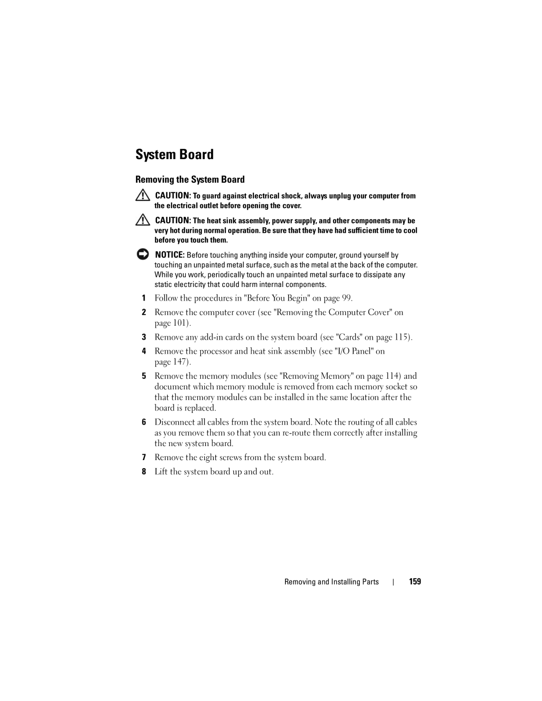 Dell DCSLF manual Removing the System Board, 159 