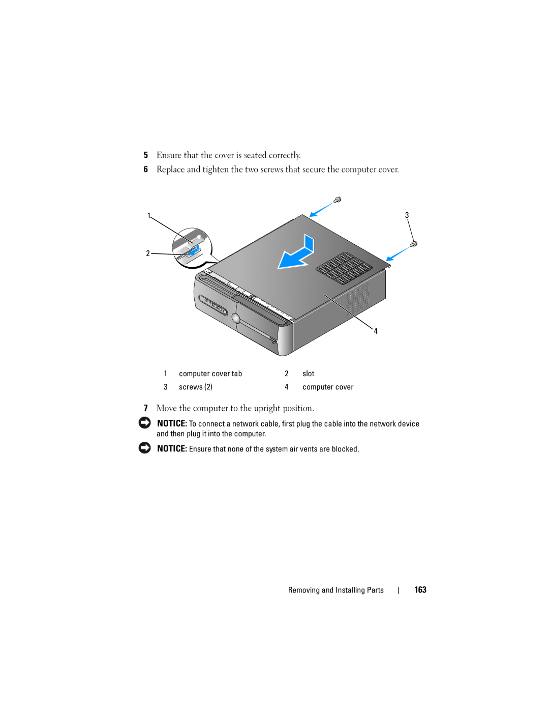 Dell DCSLF manual Move the computer to the upright position, 163 