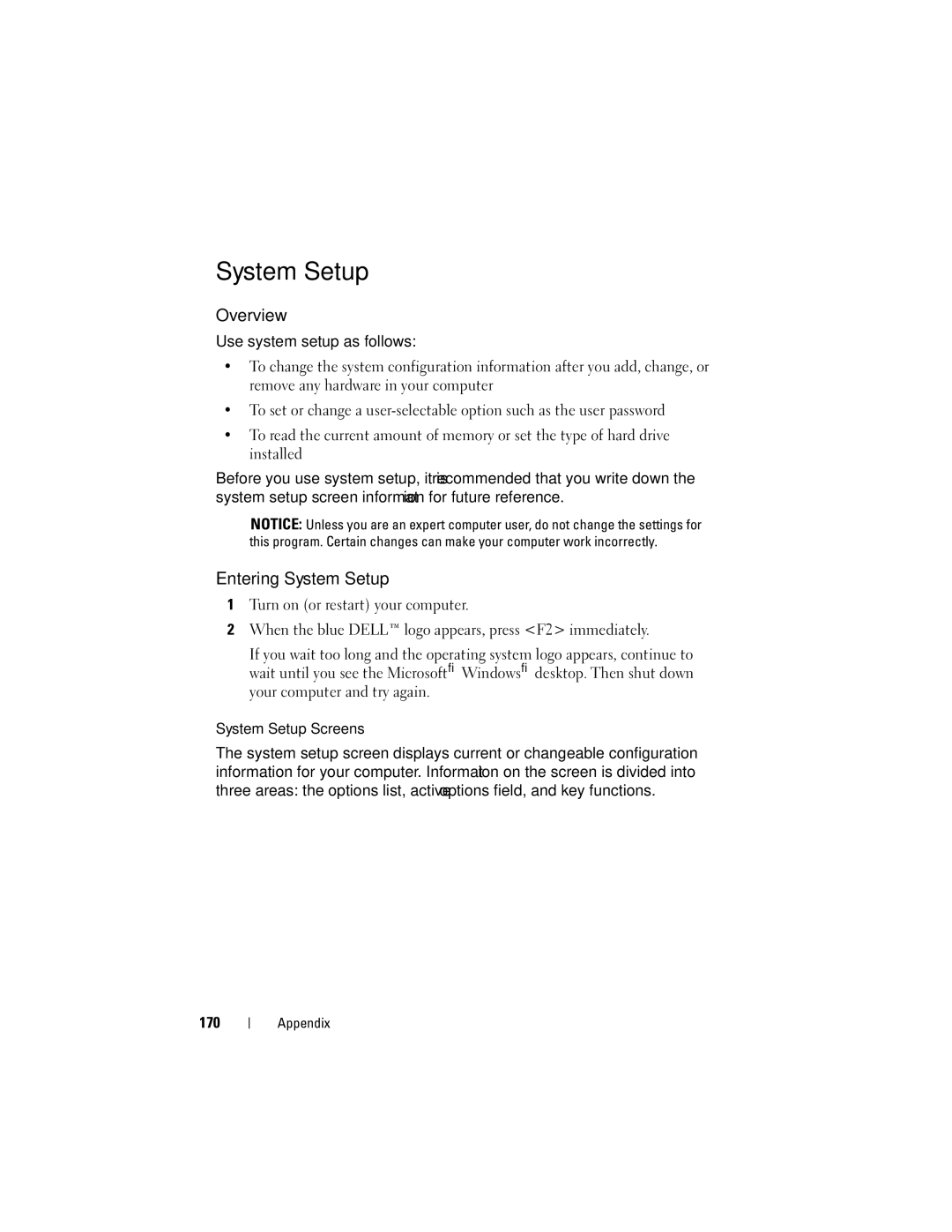 Dell DCSLF manual Overview, Entering System Setup 