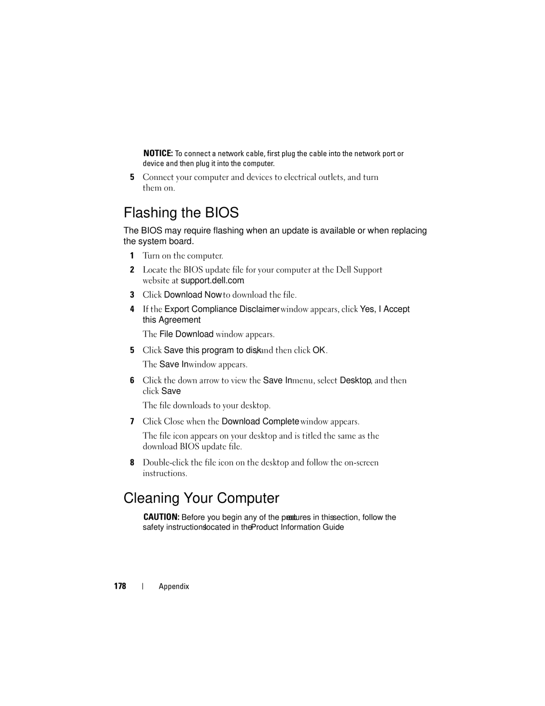 Dell DCSLF manual Flashing the Bios, Cleaning Your Computer, 178 