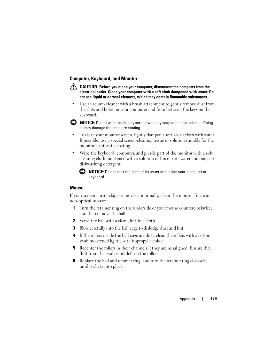 Dell DCSLF manual Computer, Keyboard, and Monitor, Mouse, 179 