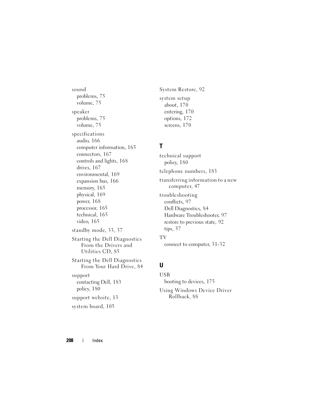 Dell DCSLF manual Usb, Booting to devices Using Windows Device Driver Rollback 208 