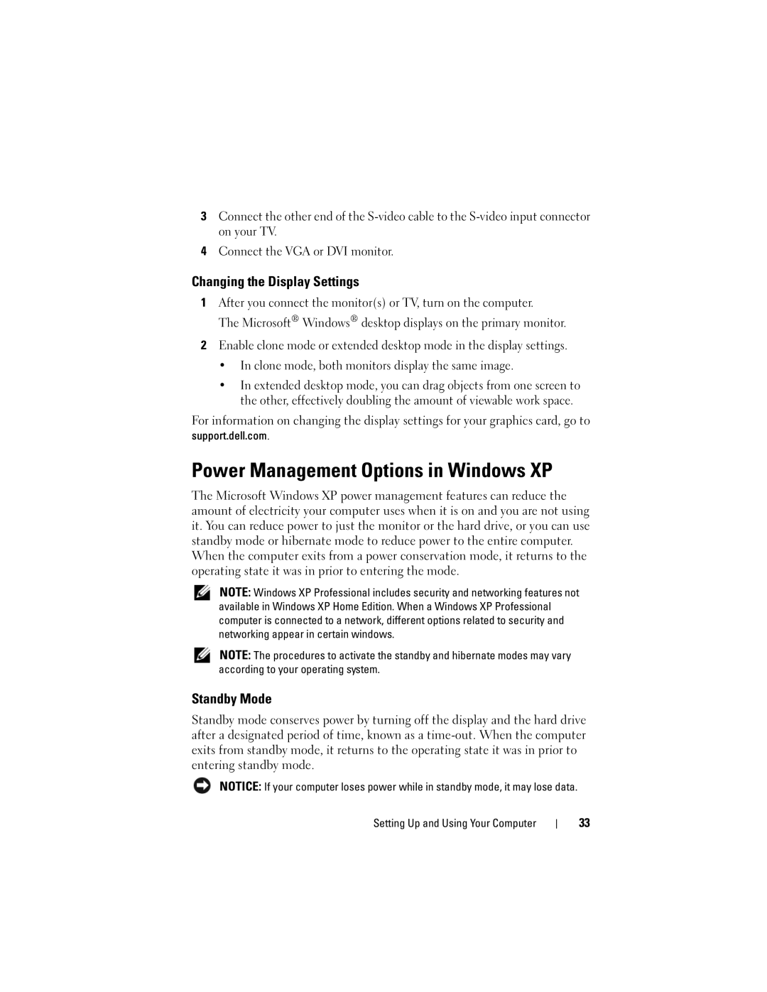 Dell DCSLF manual Power Management Options in Windows XP, Changing the Display Settings, Standby Mode 