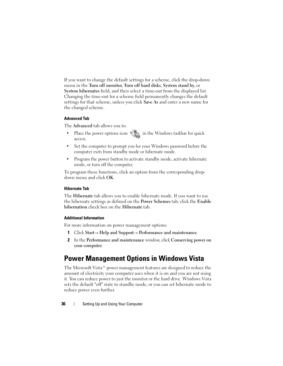 Dell DCSLF manual Power Management Options in Windows Vista 