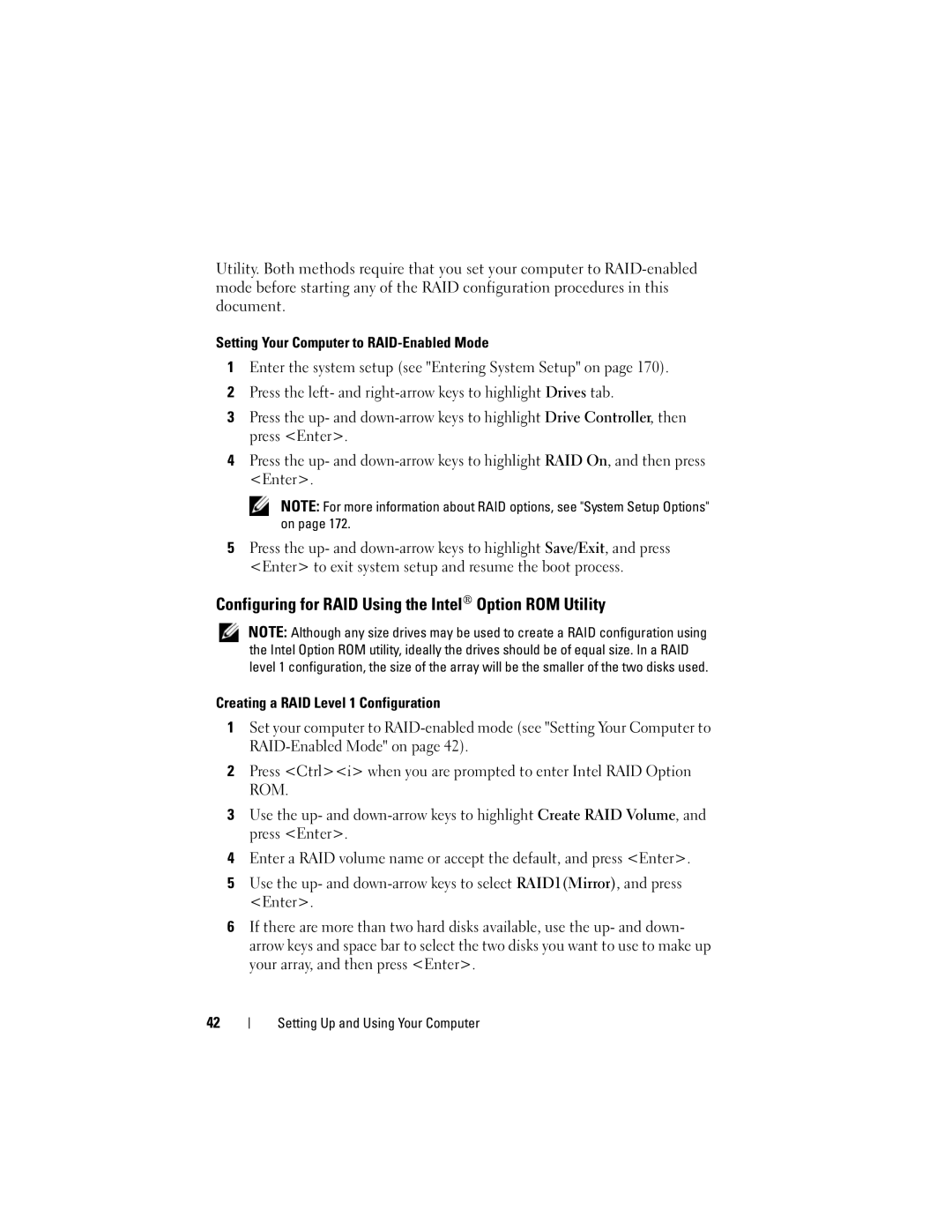 Dell DCSLF manual Configuring for RAID Using the Intel Option ROM Utility 