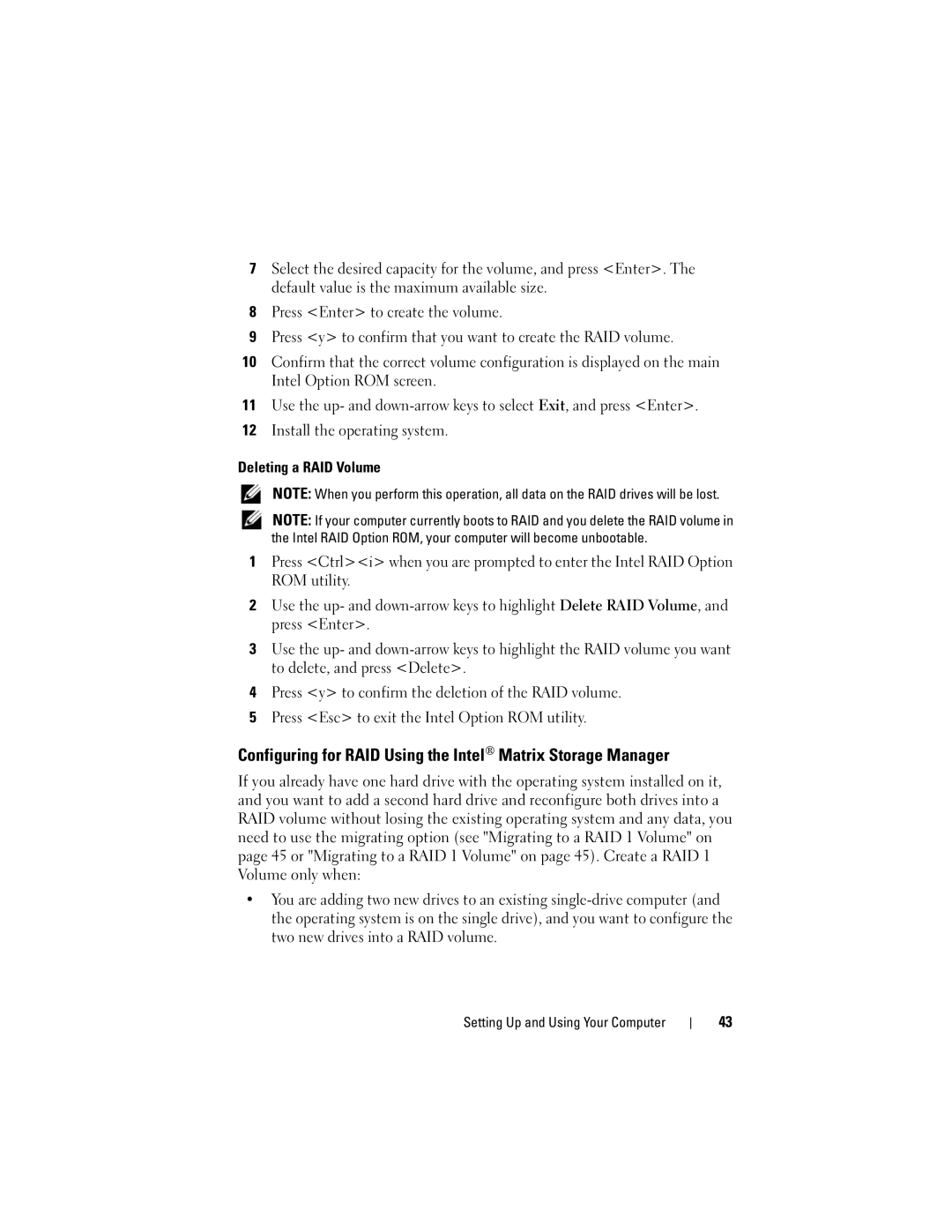 Dell DCSLF manual Configuring for RAID Using the Intel Matrix Storage Manager 