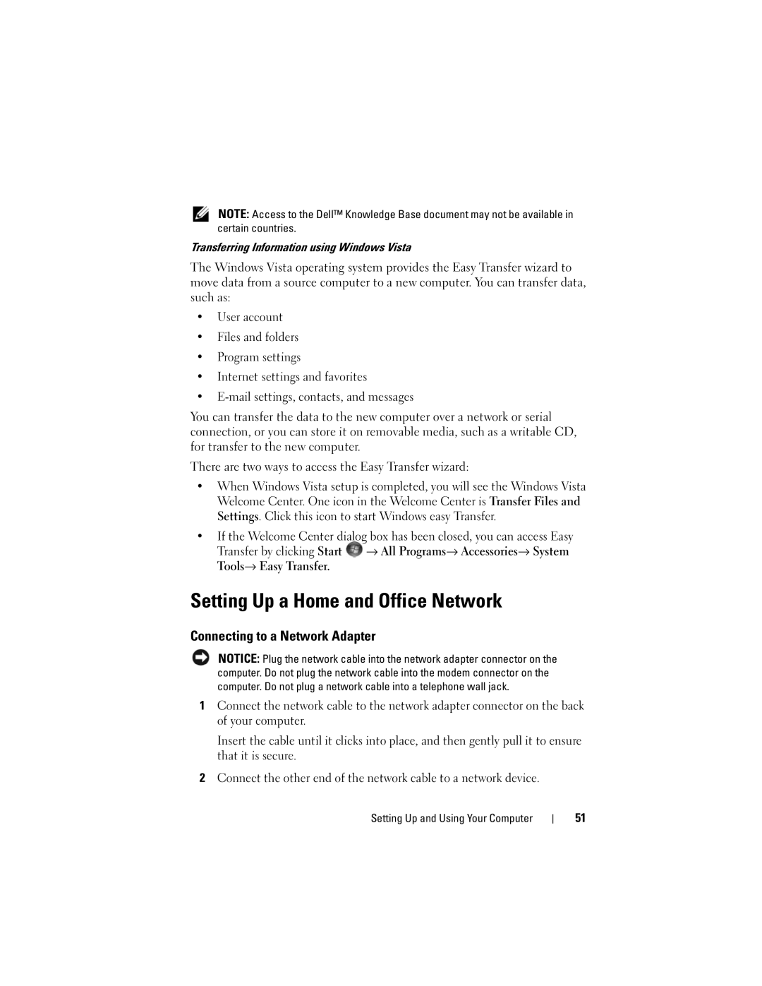 Dell DCSLF manual Setting Up a Home and Office Network, Connecting to a Network Adapter 