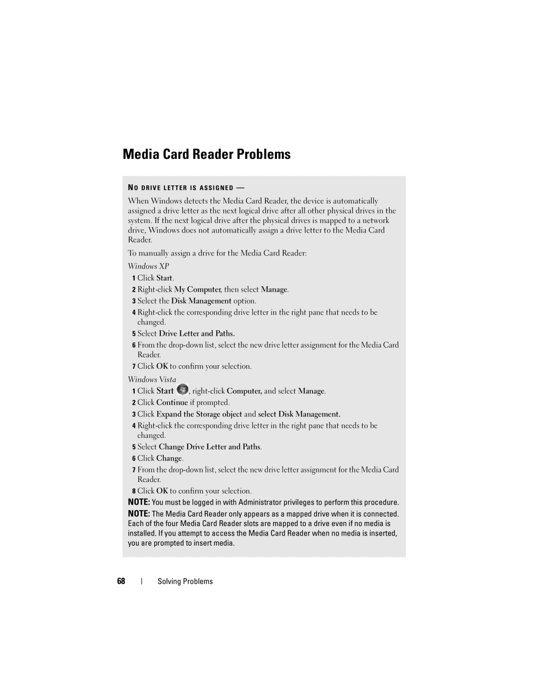 Dell DCSLF manual Media Card Reader Problems 