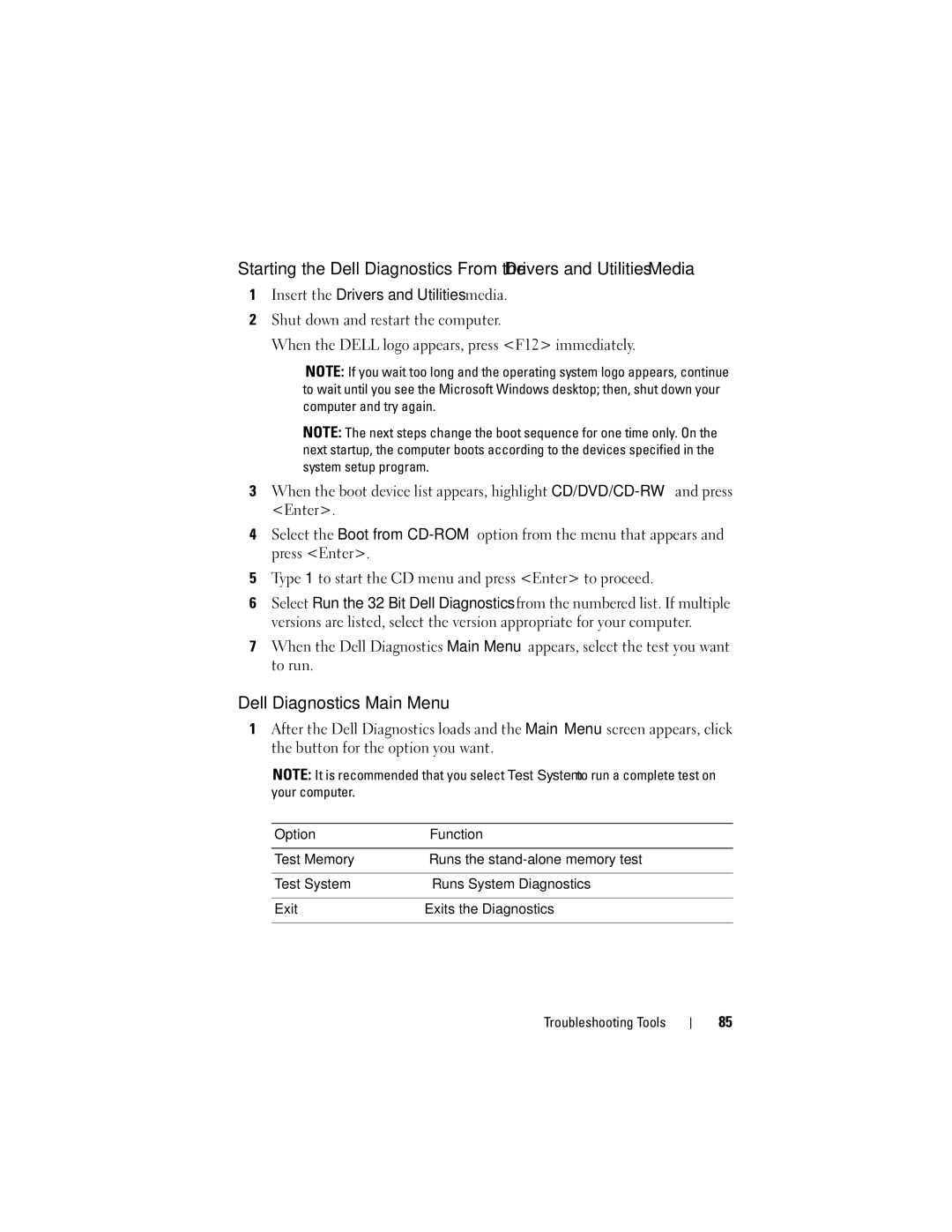 Dell DCSLF manual Dell Diagnostics Main Menu, Option Function 