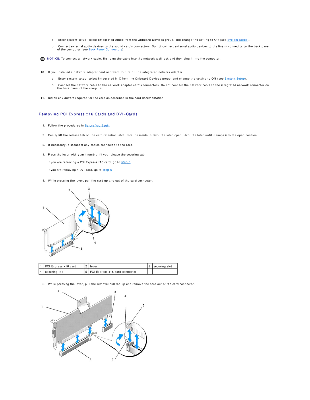 Dell DCSM, DCCY, 740-MT, 740-DT manual Removing PCI Express x16 Cards and DVI-Cards 