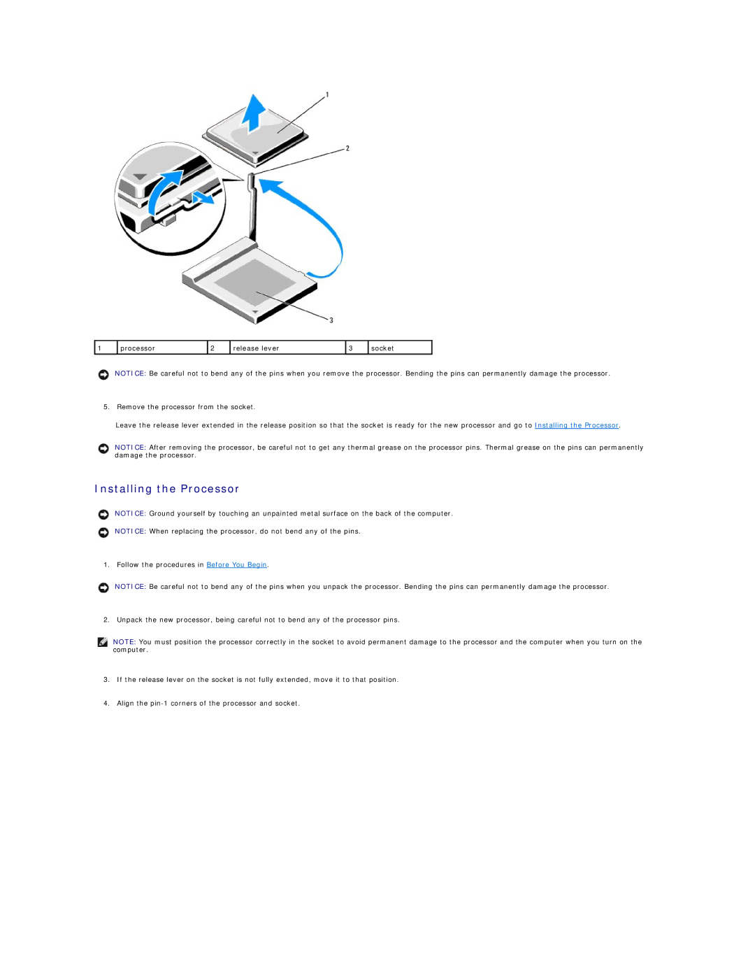 Dell DCSM, DCCY, 740-MT, 740-DT manual Installing the Processor 