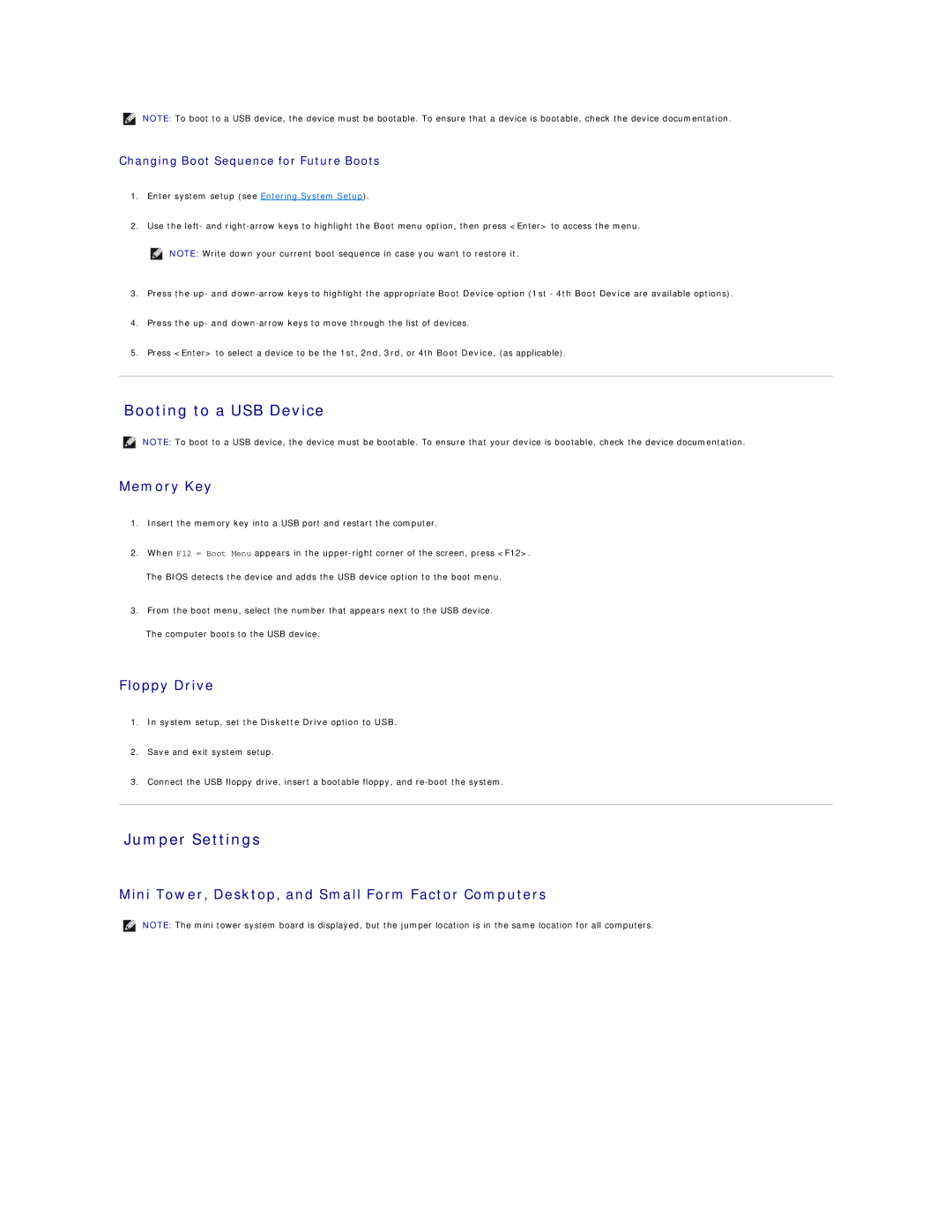 Dell DCCY, DCSM, 740-MT, 740-DT manual Booting to a USB Device, Jumper Settings, Memory Key, Floppy Drive 