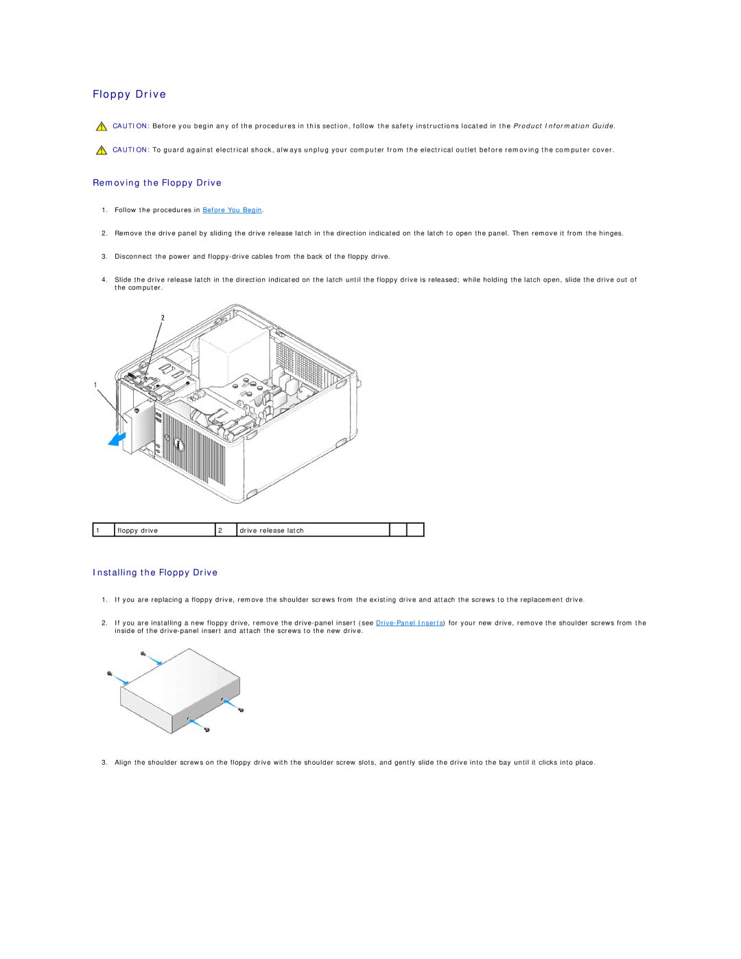 Dell DCSM, DCCY, 740-MT, 740-DT manual Removing the Floppy Drive, Installing the Floppy Drive 