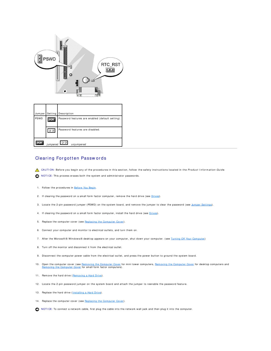 Dell DCSM, DCCY, 740-MT, 740-DT manual Clearing Forgotten Passwords, Jumper Setting Description 