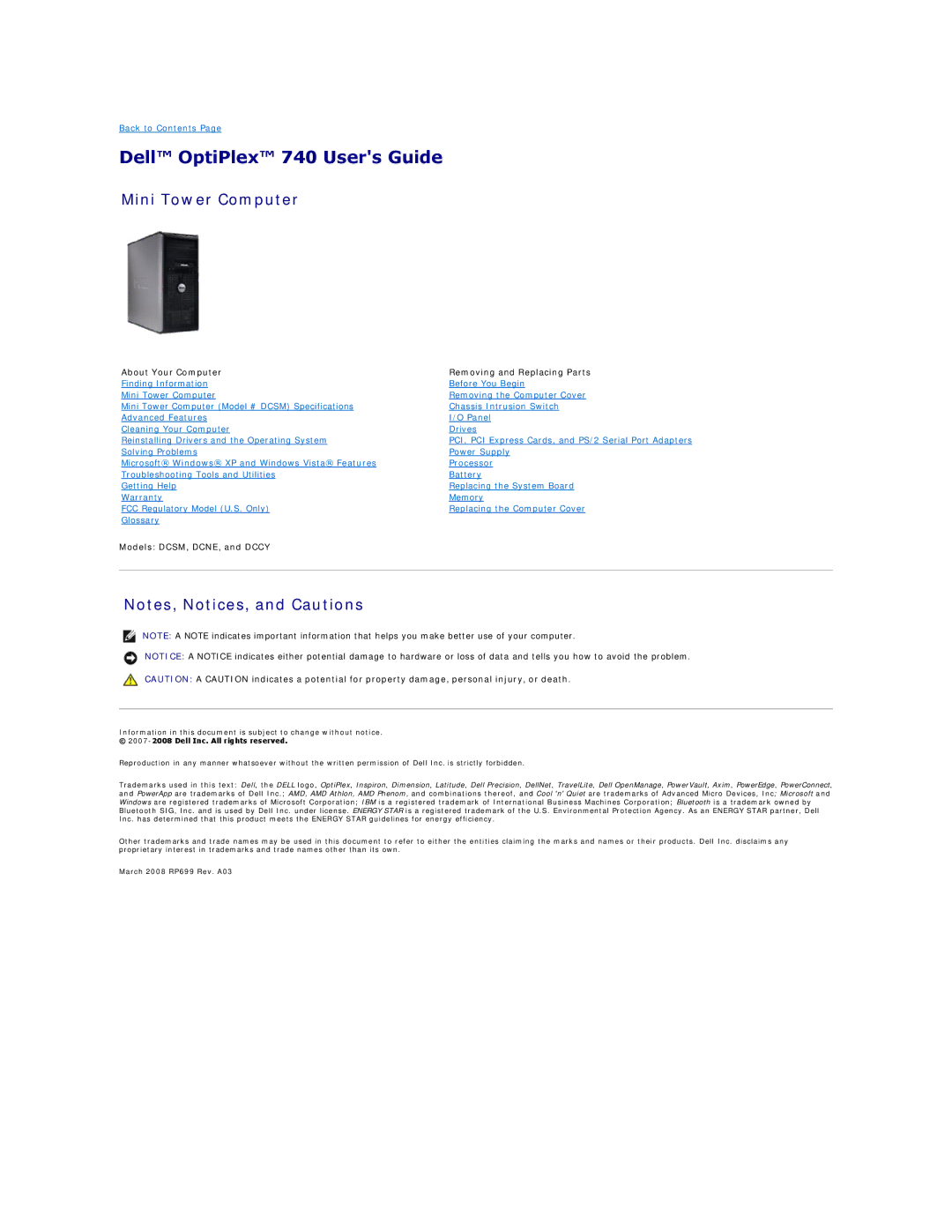 Dell DCCY, DCSM, 740-MT, 740-DT manual Dell OptiPlex 740 Users Guide, Mini Tower Computer 