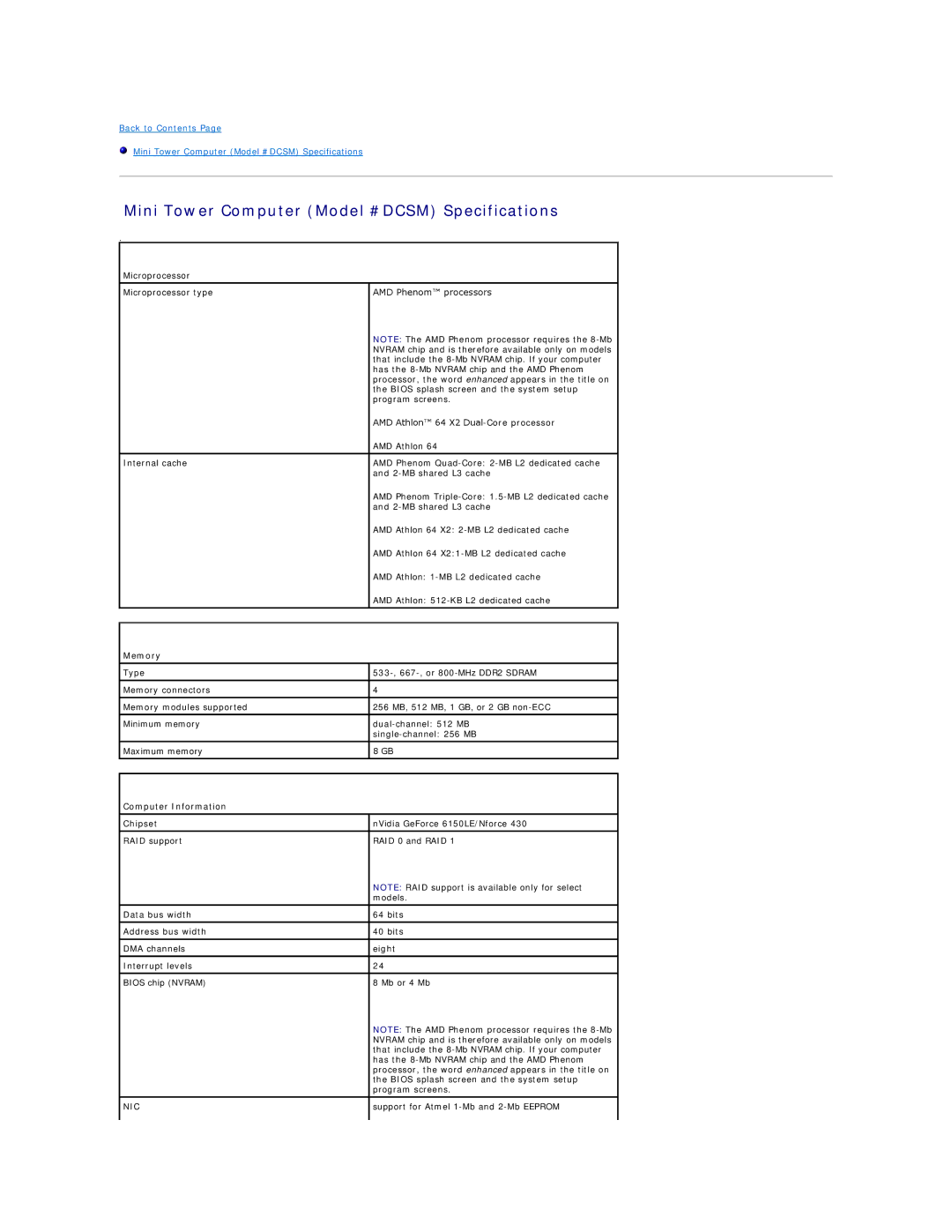 Dell 740-MT, DCCY, 740-DT manual Mini Tower Computer Model #DCSM Specifications, Memory 