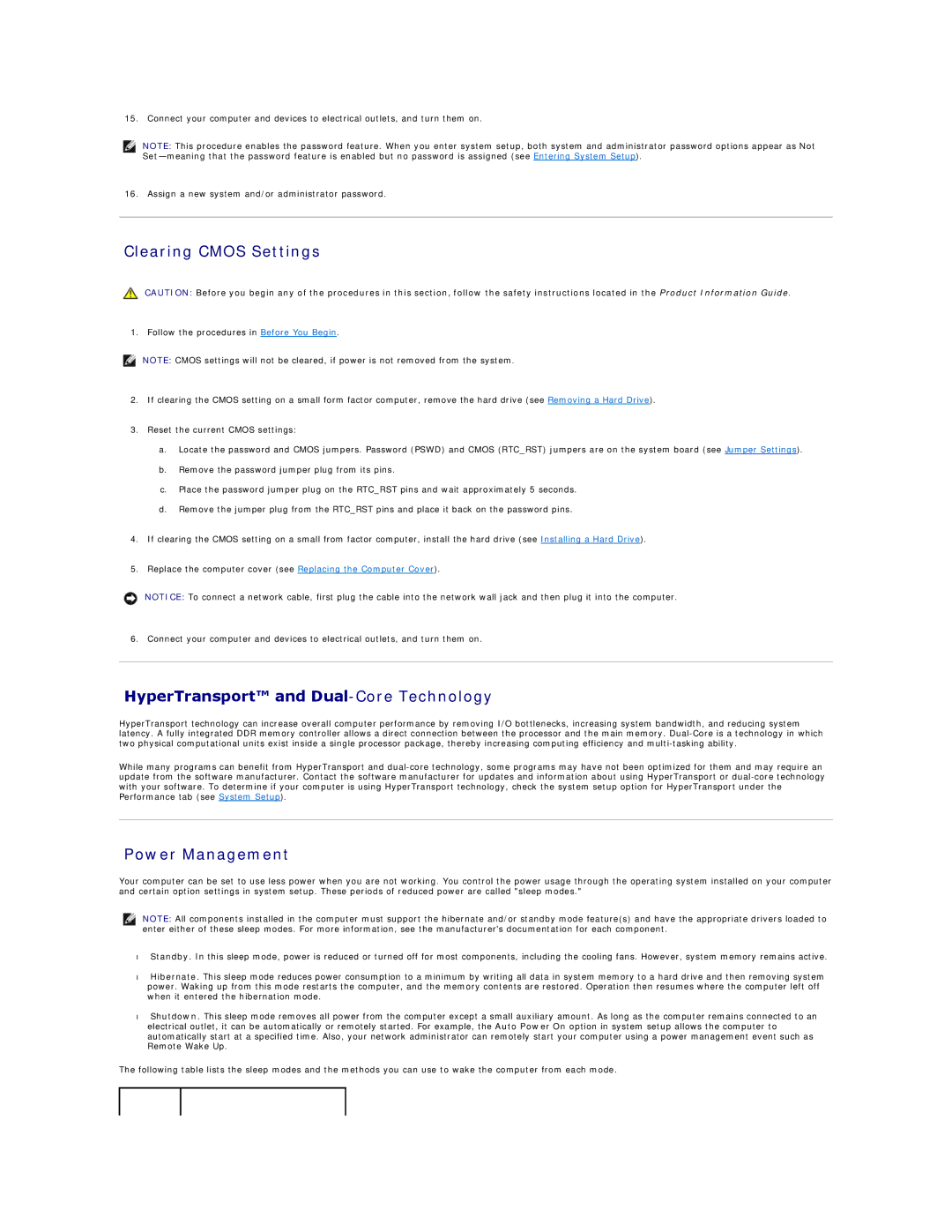 Dell 740-MT, DCSM, DCCY, 740-DT manual Clearing Cmos Settings, HyperTransport and Dual-Core Technology, Power Management 