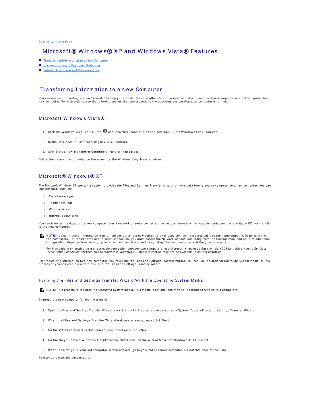 Dell 740-DT, DCSM, DCCY, 740-MT Microsoft Windows XP and Windows Vista Features, Transferring Information to a New Computer 