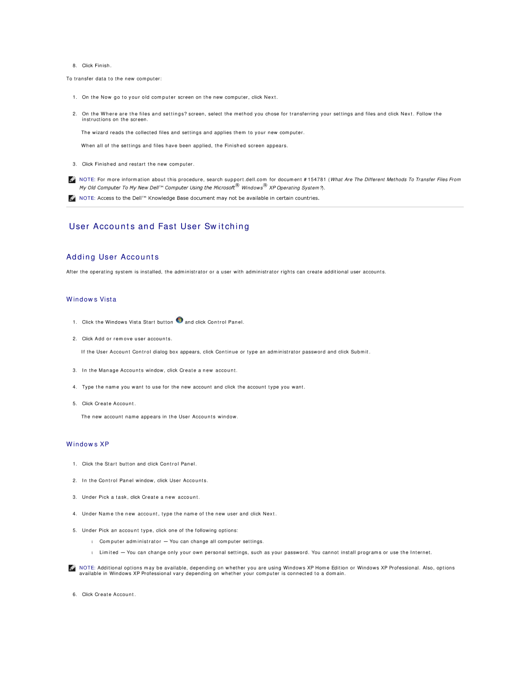 Dell DCCY, DCSM, 740-MT, 740-DT User Accounts and Fast User Switching, Adding User Accounts, Windows Vista, Windows XP 