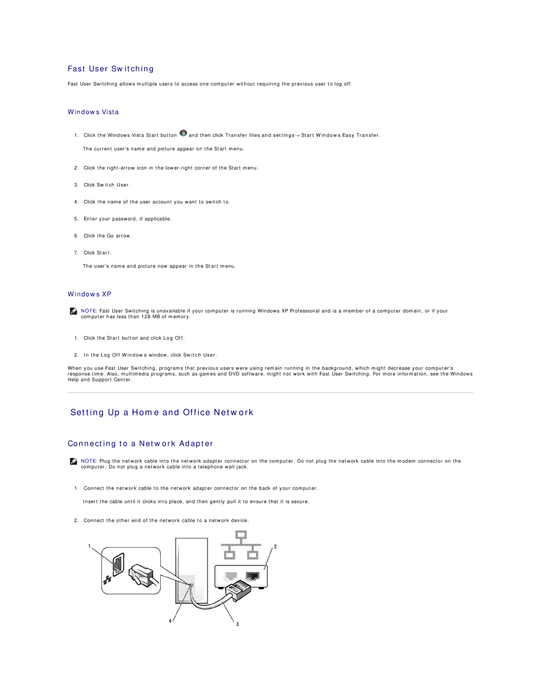 Dell 740 Setting Up a Home and Office Network, Fast User Switching, Connecting to a Network Adapter, Click Switch User 