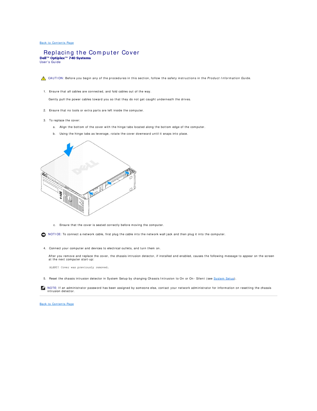 Dell 740-DT, DCSM, DCCY, 740-MT manual Replacing the Computer Cover 