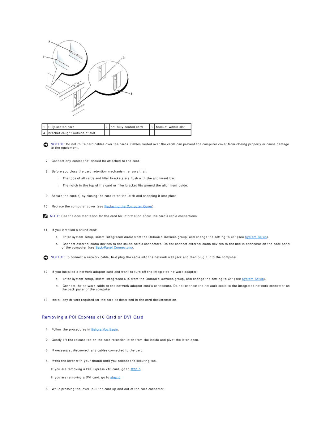 Dell 740-DT, DCSM, DCCY, 740-MT manual Removing a PCI Express x16 Card or DVI Card 