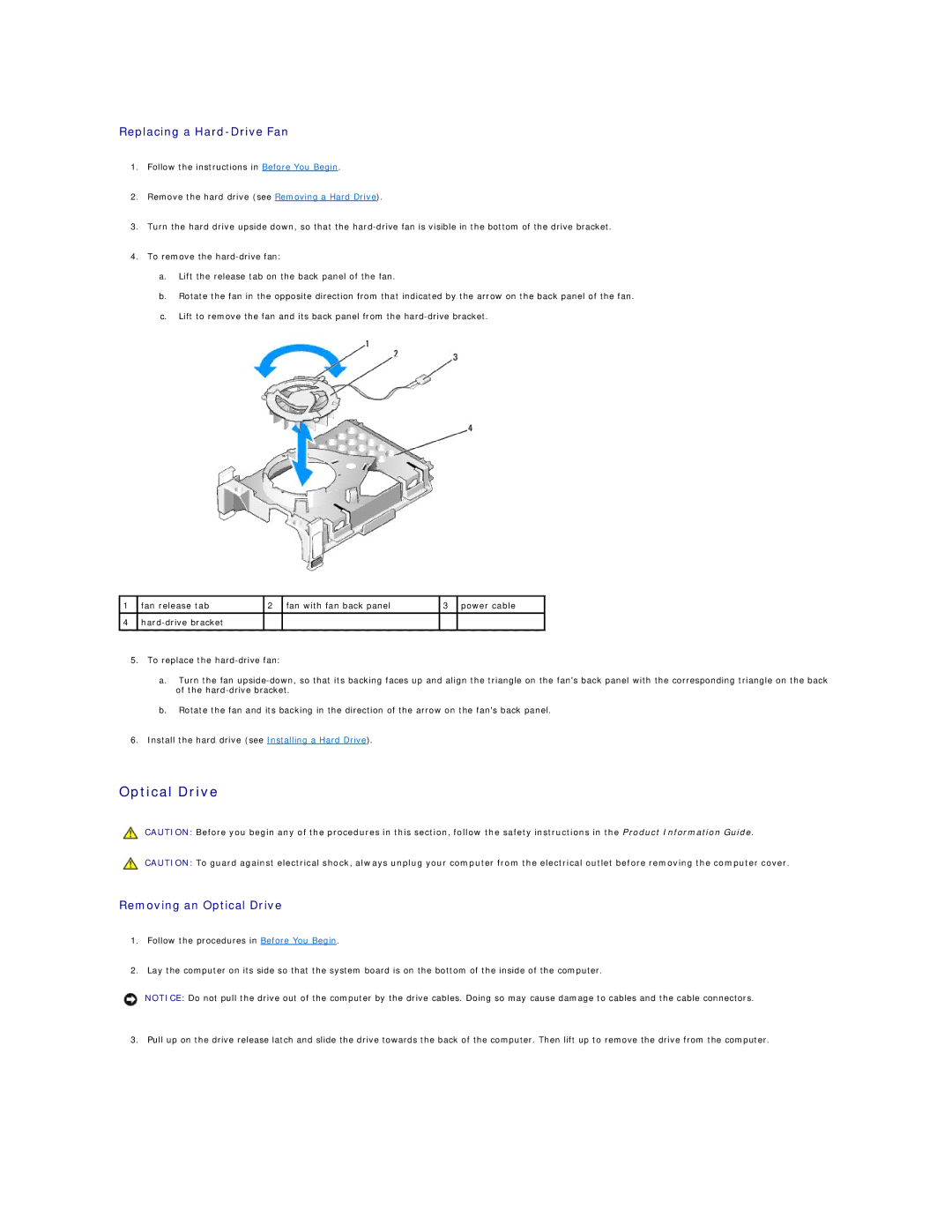 Dell DCSM, DCCY, 740-MT, 740-DT manual Optical Drive, Replacing a Hard-Drive Fan 