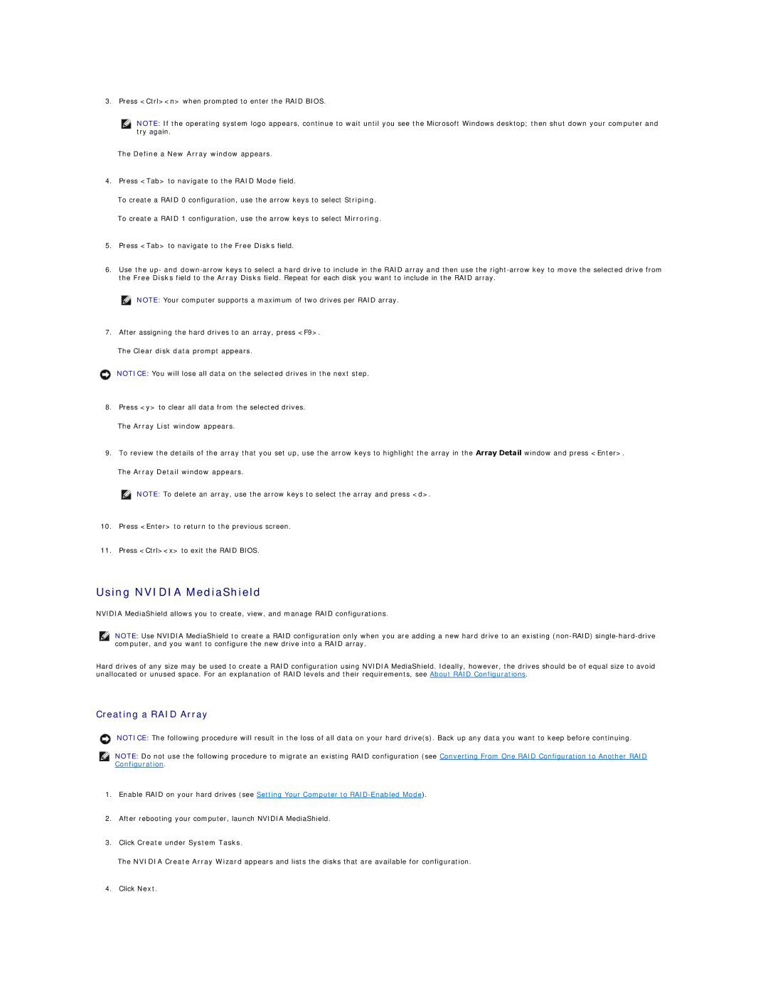 Dell DCCY, DCSM, 740-MT, 740-DT manual Using Nvidia MediaShield, Creating a RAID Array, Click Create under System Tasks 