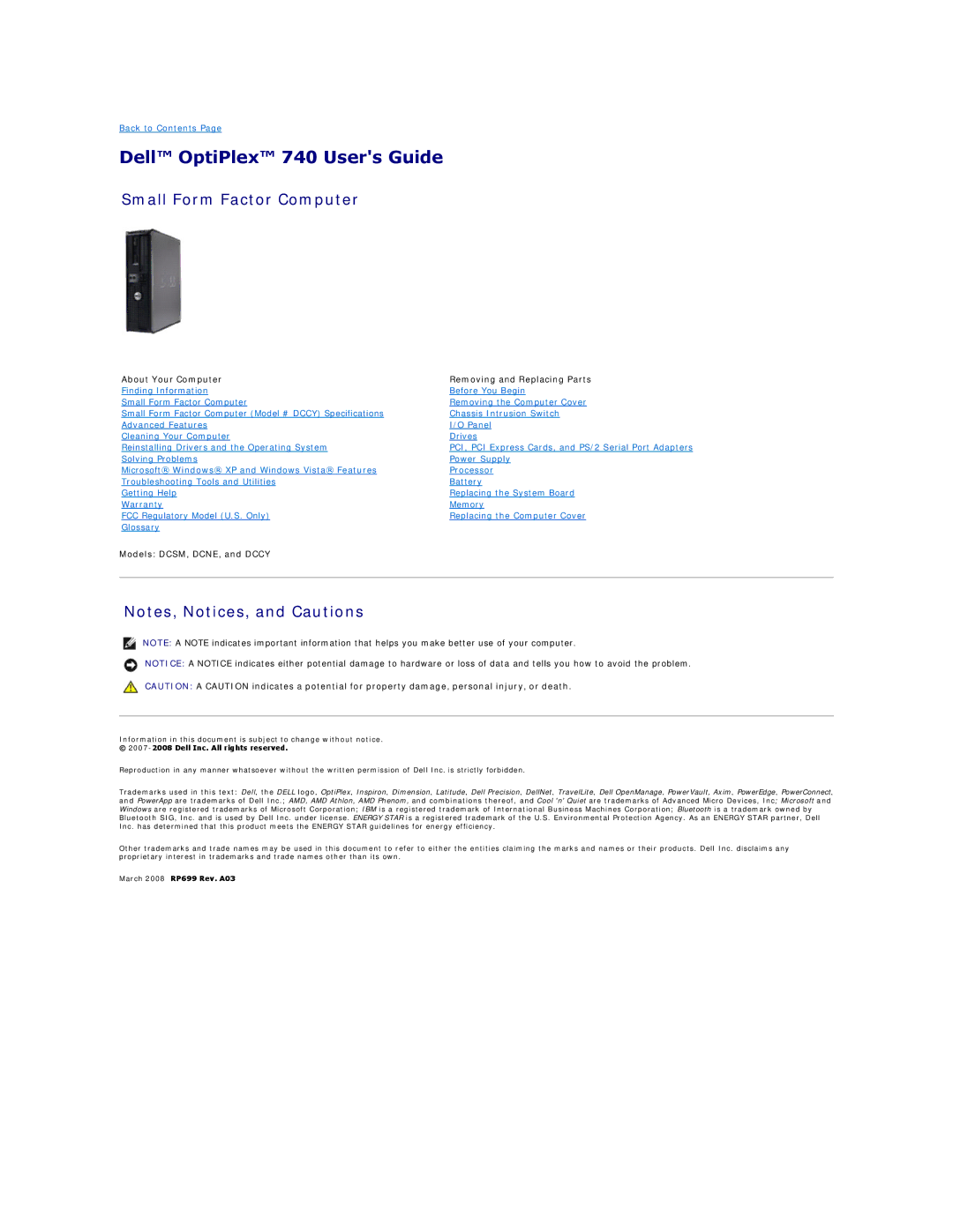 Dell 740-MT, DCSM, DCCY, 740-DT manual Dell OptiPlex 740 Users Guide, Small Form Factor Computer 