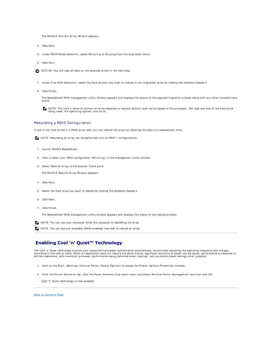 Dell 740-MT, DCSM Enabling Cool n Quiet Technology, Rebuilding a RAID Configuration, Nvidia Convert Array Wizard appears 