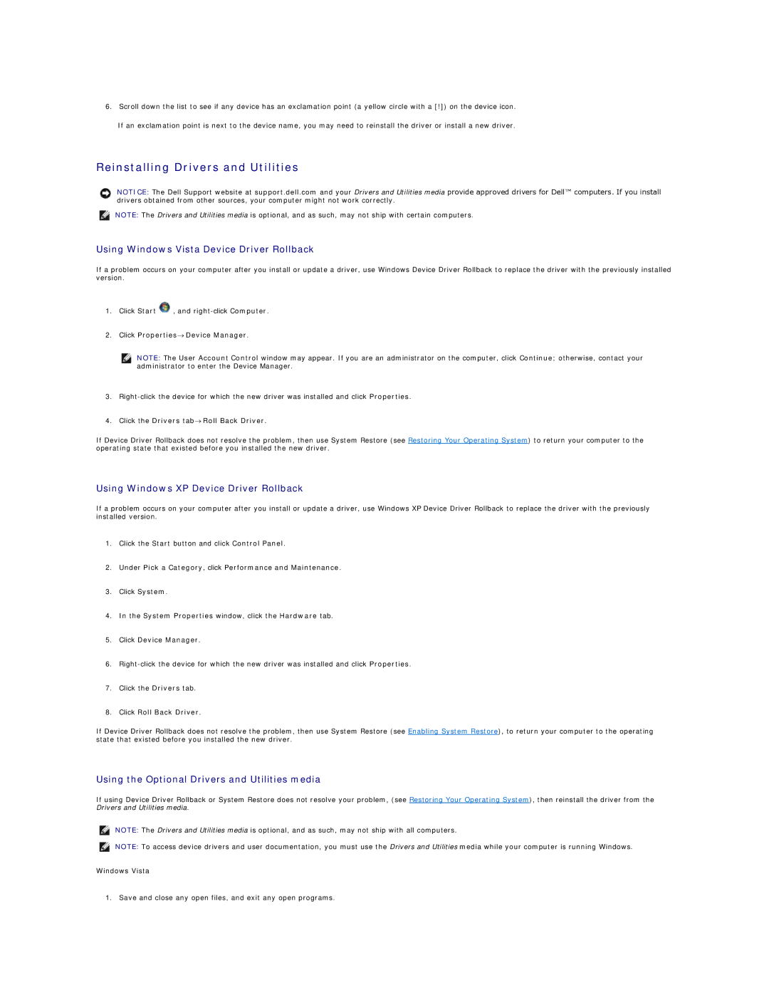 Dell DCSM, DCCY, 740-MT, 740-DT manual Reinstalling Drivers and Utilities, Using Windows Vista Device Driver Rollback 