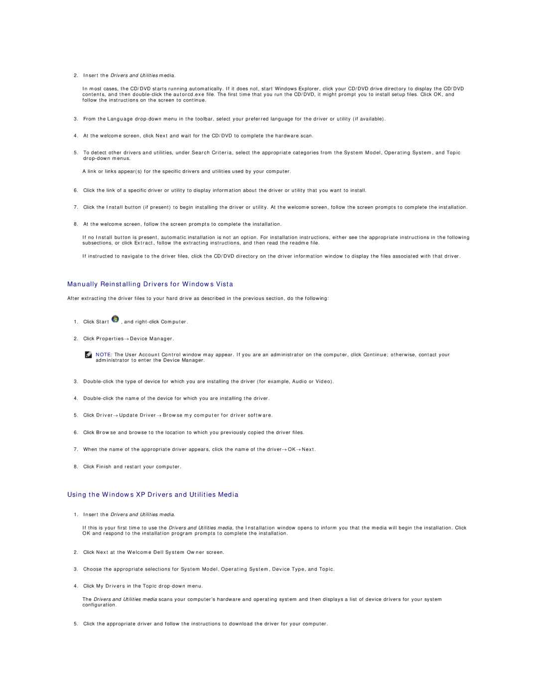 Dell DCCY, DCSM, 740 manual Manually Reinstalling Drivers for Windows Vista, Using the Windows XP Drivers and Utilities Media 