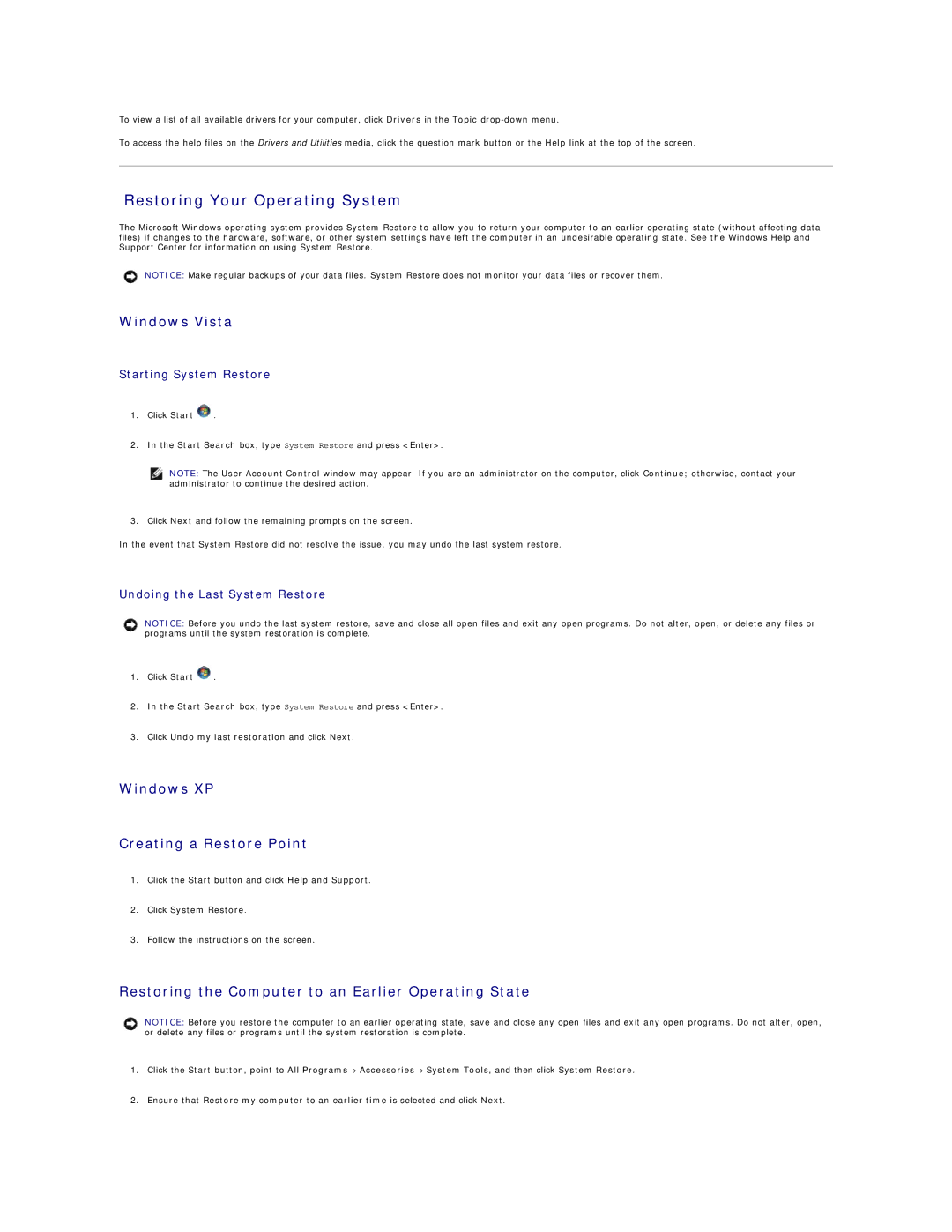 Dell DCSM, DCCY, 740-MT, 740-DT manual Restoring Your Operating System, Windows Vista, Windows XP Creating a Restore Point 