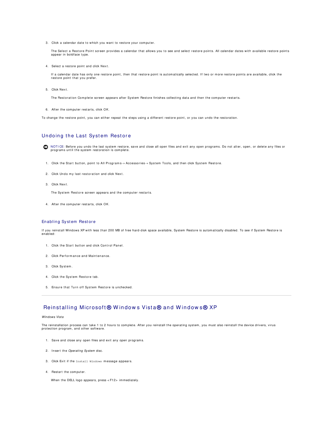 Dell 740-MT Reinstalling Microsoft Windows Vista and Windows XP, Undoing the Last System Restore, Enabling System Restore 