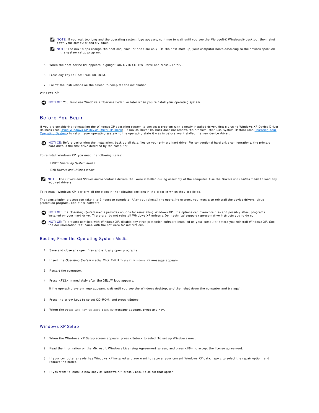 Dell 740-DT, DCSM, DCCY, 740-MT manual Before You Begin, Booting From the Operating System Media, Windows XP Setup 