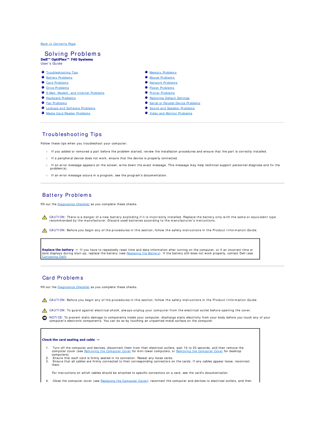 Dell DCCY, DCSM, 740-MT, 740-DT manual Solving Problems, Troubleshooting Tips, Battery Problems, Card Problems 