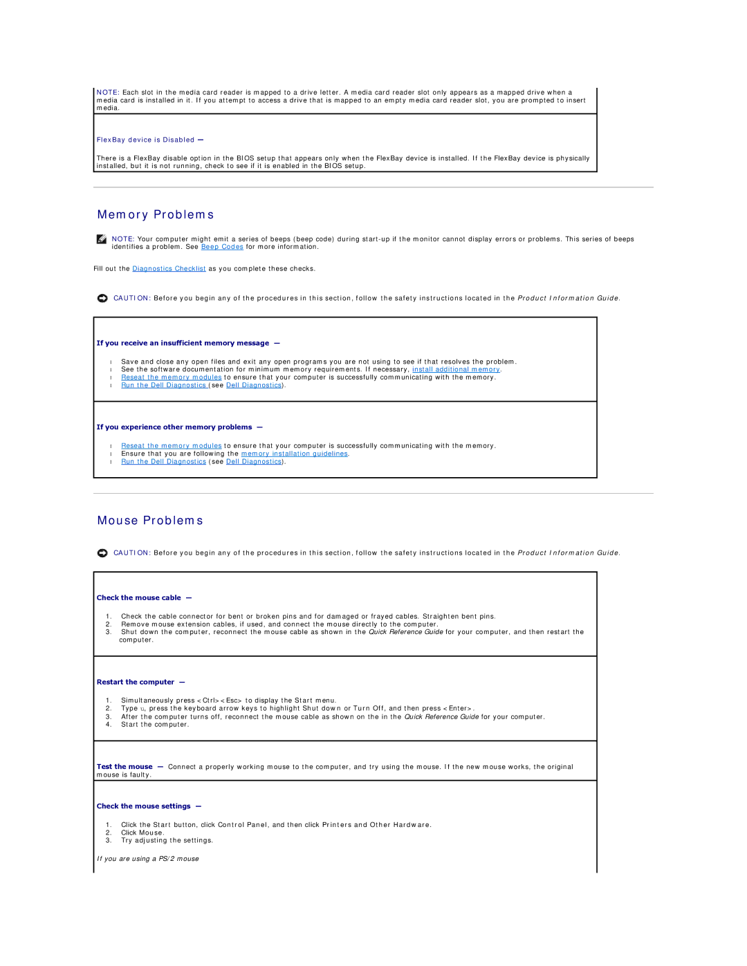 Dell DCCY, DCSM, 740-MT, 740-DT manual Memory Problems, Mouse Problems 