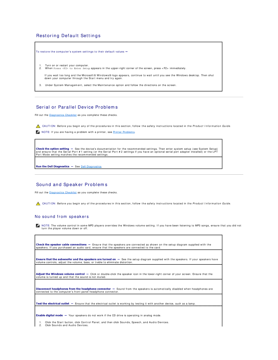 Dell 740-DT, DCSM, DCCY, 740-MT Restoring Default Settings, Serial or Parallel Device Problems, Sound and Speaker Problems 