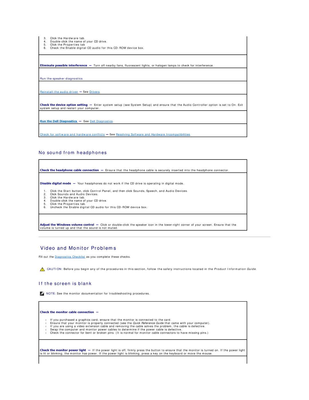 Dell DCSM, DCCY, 740-MT, 740-DT manual Video and Monitor Problems, No sound from headphones, If the screen is blank 
