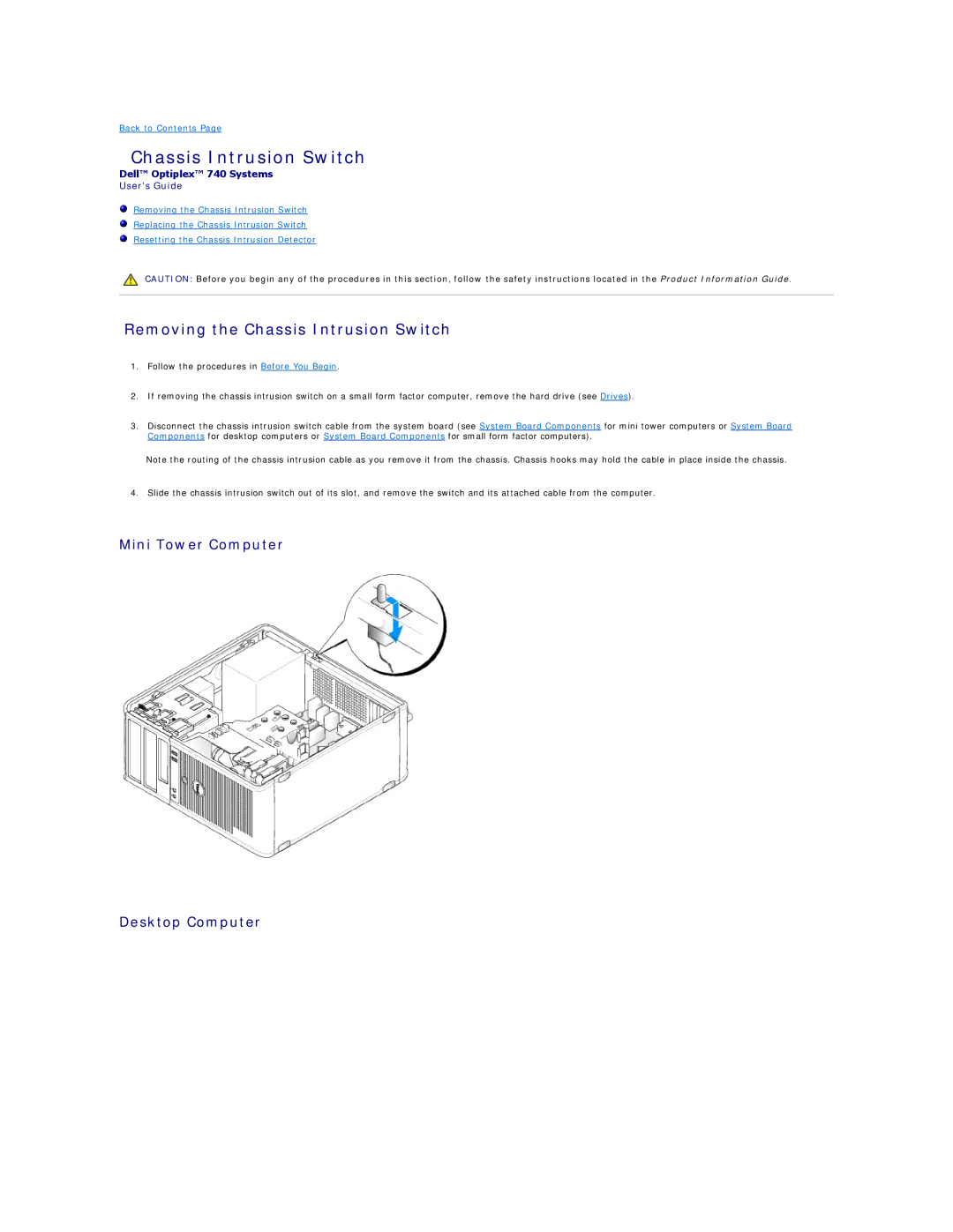 Dell DCSM, DCCY, 740-MT, 740-DT manual Removing the Chassis Intrusion Switch, Mini Tower Computer Desktop Computer 